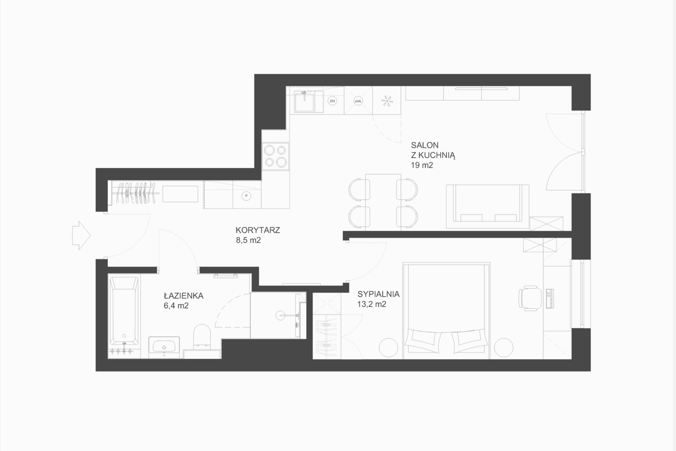 Przeprojektowanie łazienki, pozwoliło umieścić w niej zarówno wannę, jak i duży prysznic. A wyburzenie ściany oddzielającej kuchnię, doświetliło i otworzyło przestrzeń.